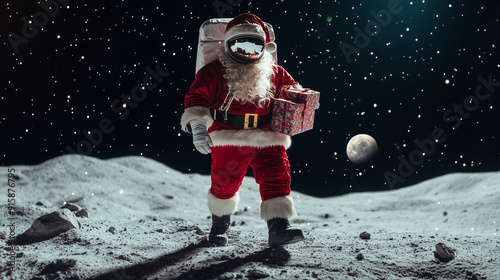 Santa Claus Delivers Gifts on the Moon While Dressed in a Space Suit 