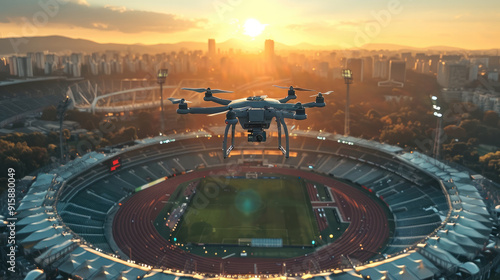 A drone espionage in sunny weather near stadium. Generative AI.