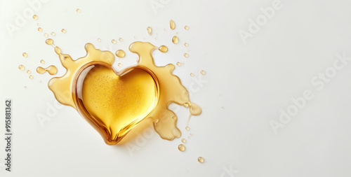 Oil or yellow coloured liquid capsule in shape of heart. Detail from above with copy space on side. Generative AI