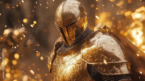 A high-resolution 4K image of a golden warrior with shining golden armor, standing in a golden battlefield,