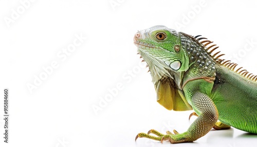 common green American iguana - Iguana iguana - is a large, arboreal, mostly herbivorous species of lizard Isolated on white background. Nuisance invasive species in South Florida. can be orange color