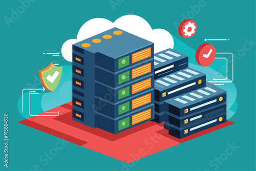 A graphical representation of backup servers in a data center, showcasing secure data management and storage capabilities