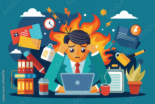 A stressed individual in a suit experiences burnout amidst a chaotic workspace filled with documents, deadlines, and distractions