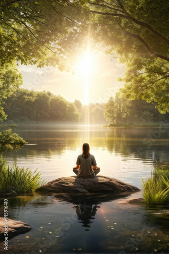 Nature's Sanctuary: person meditating by a tranquil lake. The combination of a serene lake, lush forest, and a meditating figure creates a harmonious and inspiring image. generative AI