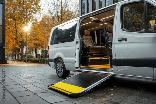 Wheelchair accessible minivan is parked outside with the ramp extended and the side door open