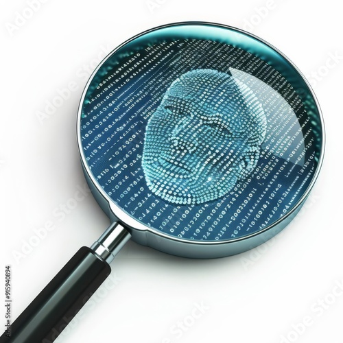 A magnifying glass over personal data, privacy invasion concept, detailed illustration, muted tones, isolated on white background