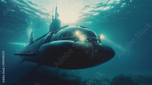 Underwater submarine with lights exploring the deep sea. Futuristic military submarine in a bright ocean scene. AI-generated imagery for defense, technology, or adventure themes. AI