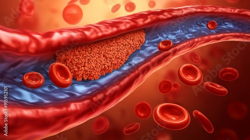 3D medical illustration of a blood clot forming inside an artery, surrounded by red blood cells, highlighting the dangers of thrombosis