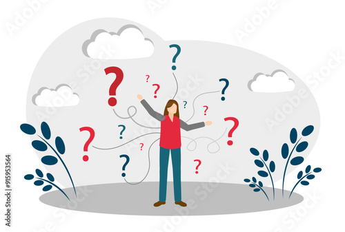 Woman and question marks. Incomprehension. Finding a solution to the problem