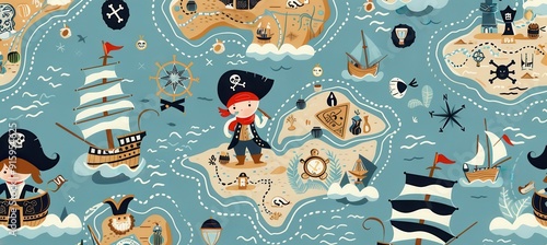 A vibrant map depicting pirate adventures, featuring ships, islands, and whimsical treasure markers with animated figures