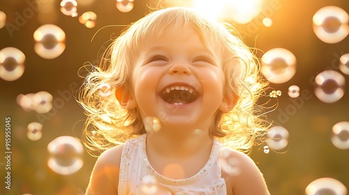 portrait of a young child laughing, surrounded by bubbles, capturing a moment of pure joy and innocence, beautiful sunlight, professional and sharp stock photo