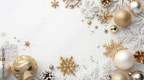 White and gold Christmas decorations arranged on white background; flat lay, top view, copy space