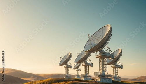 huge satellite dishes at the open field and sky 