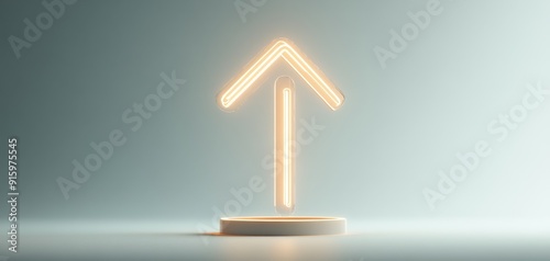 Glowing neon arrow pointing upwards on a pedestal, minimalistic and modern design, symbolizing growth and progress.