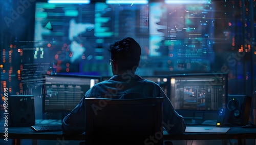 Cinematic shot of an IT worker in a dark blue shirt sitting at a desk with multiple monitors displaying code, facing away from the camera, surrounded by high-tech equipment and digital data streams.