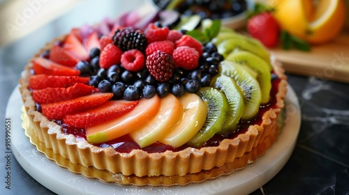 a meticulously arranged fruit tart with colorful berries and a glossy finish, looking like an edible masterpiece