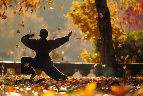 Person practicing tai chi amidst a serene autumnal park, with leaves cascading gently