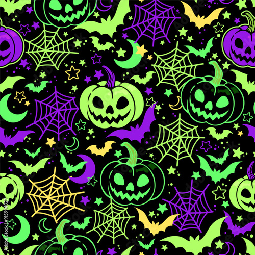 Seamless vector halloween background with pumpkins, spider webs and bats