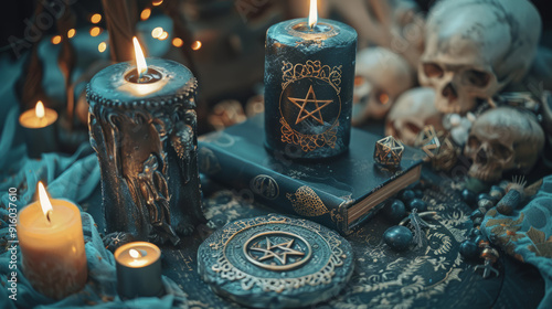 mystical occult design mysterious magic symbols on burning candles at witchcraft altar with skulls magic spell book and pentagrams halloween party black magic paganism evil voodoo curse background