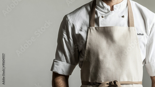 Close up of a beige colored apron kitchen uniform on a man's torso, mockup template