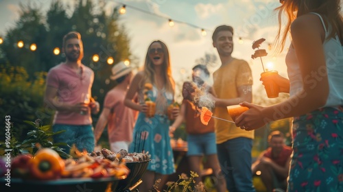 Woman Roasting Orange Slice Over Charcoal Grill At Backyard BBQ