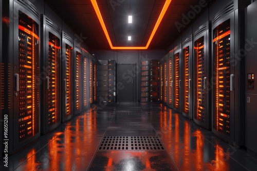 Abstract view of a modern server room with many rows of black server racks with bright orange lights illuminating the room from above. Perspective down the center aisle.