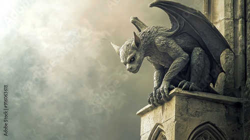 A stone gargoyle statue perched on a building, its wings spread wide.