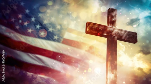 A wooden cross stands tall against a blurred background of an American flag and glowing light.