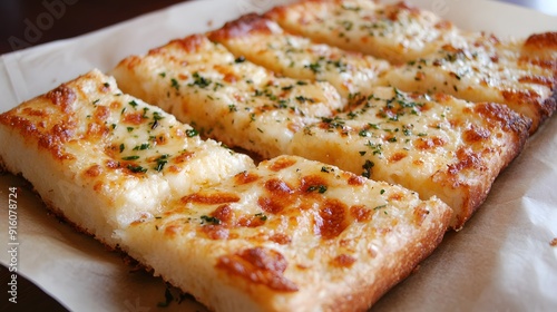 71. A warm serving of cheesy garlic bread with a golden crust