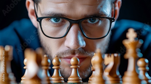 Focused man in glasses plays chess, highlighting strategy and concentration in a competitive environment.