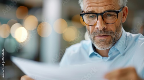 A mature man with glasses and a beard reads a document with deep focus and attention, reflecting a serious and thoughtful engagement with his task in a modern setting.