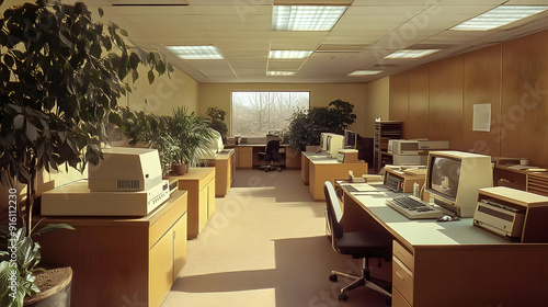 Retro office interior with computers and plants.