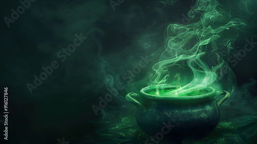 Illustration of a witch's brew bubbling in a cauldron, with tendrils of green smoke spiraling into the night sky.