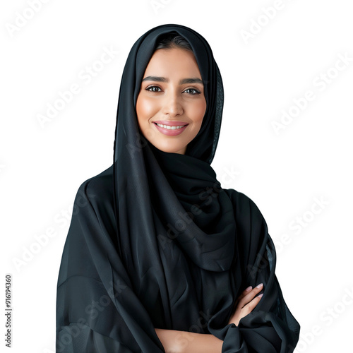 Portrait of a smiling Arabian Muslim woman in black hijab, isolated on transparent background