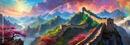 Majestic Great Wall of China with Rainbow and Cherry Blossoms.