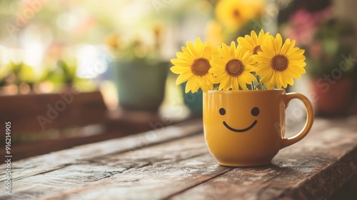 Yellow Flowers in a Smiley Mug.