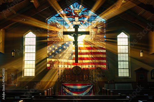 Majestic church interior illuminated by sunlight, featuring an American flag and a crucifix, symbolizing patriotism and faith.