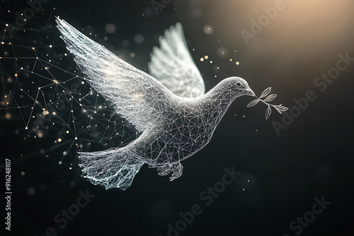 A digital wireframe polygon illustration of a dove holding an olive branch, featuring intricate lines and points in a technological style. 