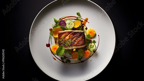 Artistic presentation of a gourmet dish with vibrant colors on a black plate for a culinary masterpiece.