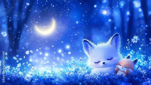 Cute cartoon animals sleeping under the moon.