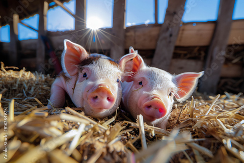 Two Piglets Basking in Sunlight in Rustic Barn