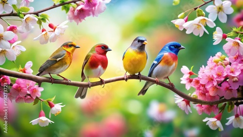 Bright and colorful spring scene with birds perched on blooming flowers , Spring, bird, flowers, sunny, vibrant, nature