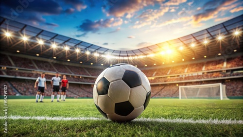 Close-up of soccer ball on penalty spot with defocused stadium and players in background during match, soccer