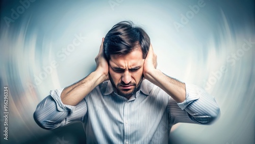 Blurry image of a person holding their ears in pain as a loud noise fades away slowly , sound, noise, fade, fading, loud, ear