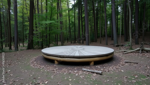 Round wooden platform in a forest.