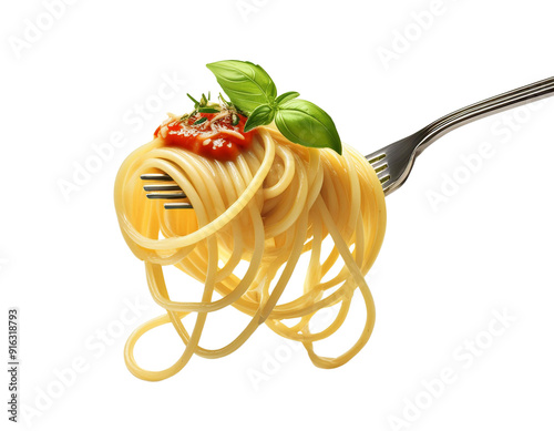 Delicious spaghetti served on a fork, topped with fresh basil and rich tomato sauce, perfect for culinary presentations.