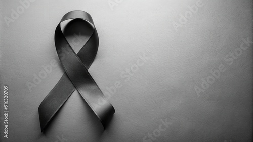 Black ribbon symbolizing mourning on a gray background, mourning, sorrow, grief, remembrance, loss, death, sadness, sympathy