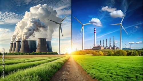 Fossil fuels versus green energy concept, showing side by side comparisons of coal and wind power