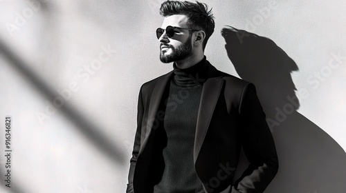 Modern Man in Black and White: A stylish young man in a black turtleneck and blazer stands against a white wall, casting a long shadow, creating a dramatic and minimalist portrait in monochrome. 