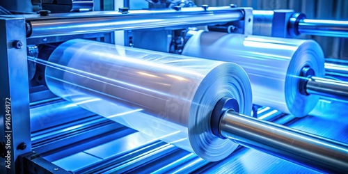 Close-up of a roller in a polyethylene plastic bag production machine with a blue lighting effect , manufacturing